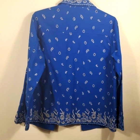 Quacker Factory Jacket Blue Blue Handkerchief Print Button Sequins Size Medium - Picture 3 of 15